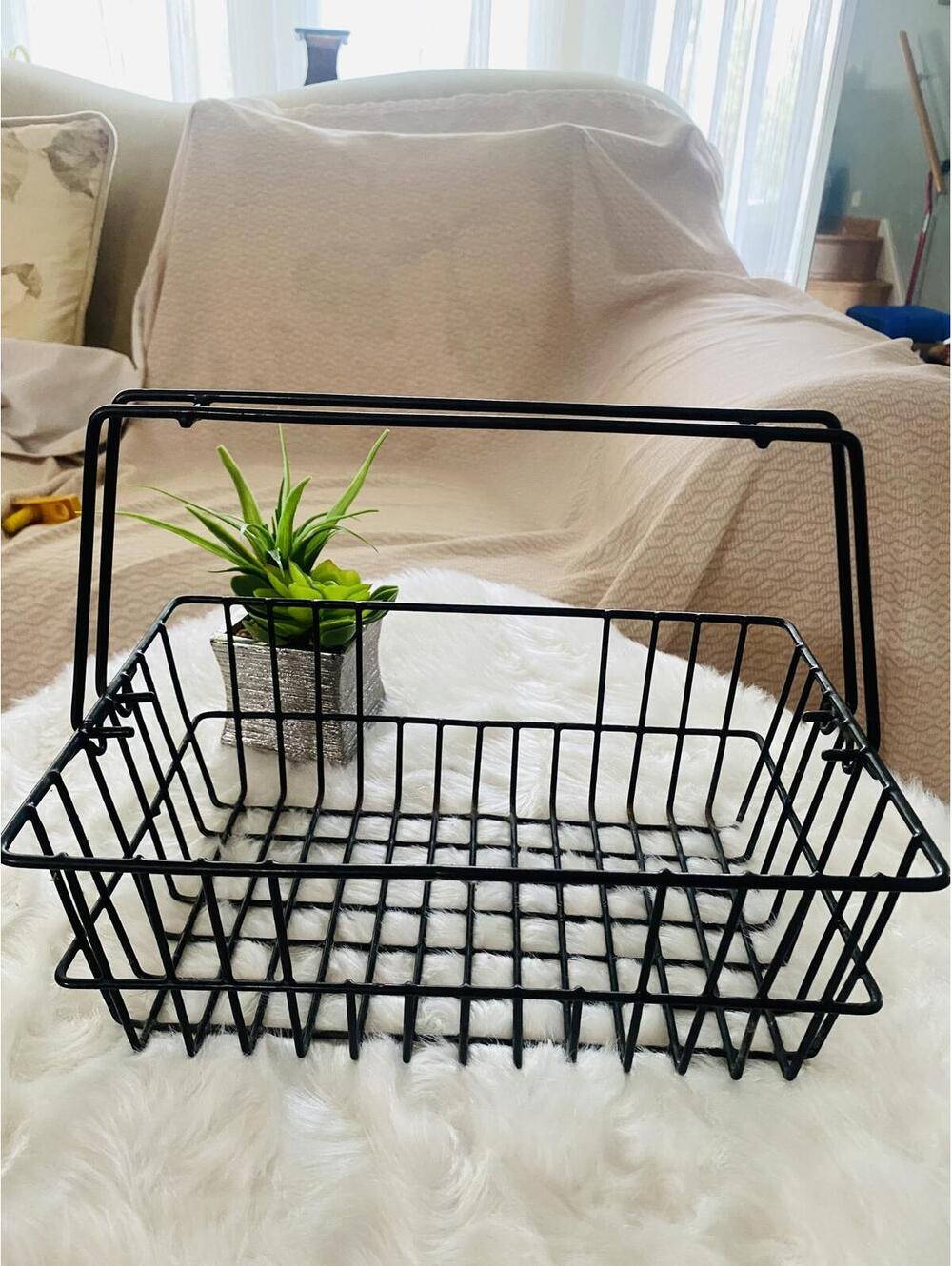 Black Metal Wire Storage Handle Basket and Brown Basket Set - Picture 2 of 10